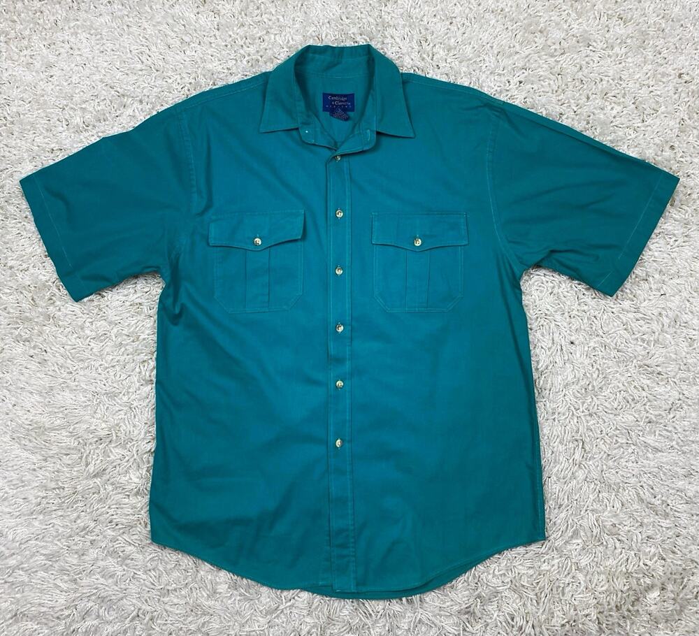 Vintage Cambridge Classics Mervyns Mens M Teal Cotton Short Sleeve Work Shirt